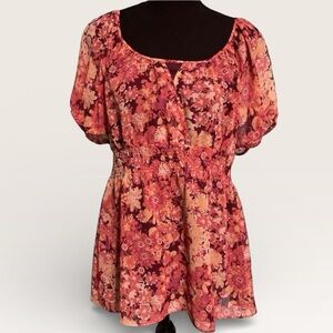 Axcess Smocked Puff Sleeve Blouse in Pink and Orange